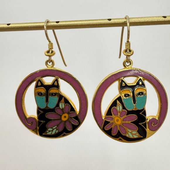 Laurel Burch Mark and Sally Earrings 1993 Enamel Cat Hoop Gold Tone Teal Flower - Picture 6 of 7